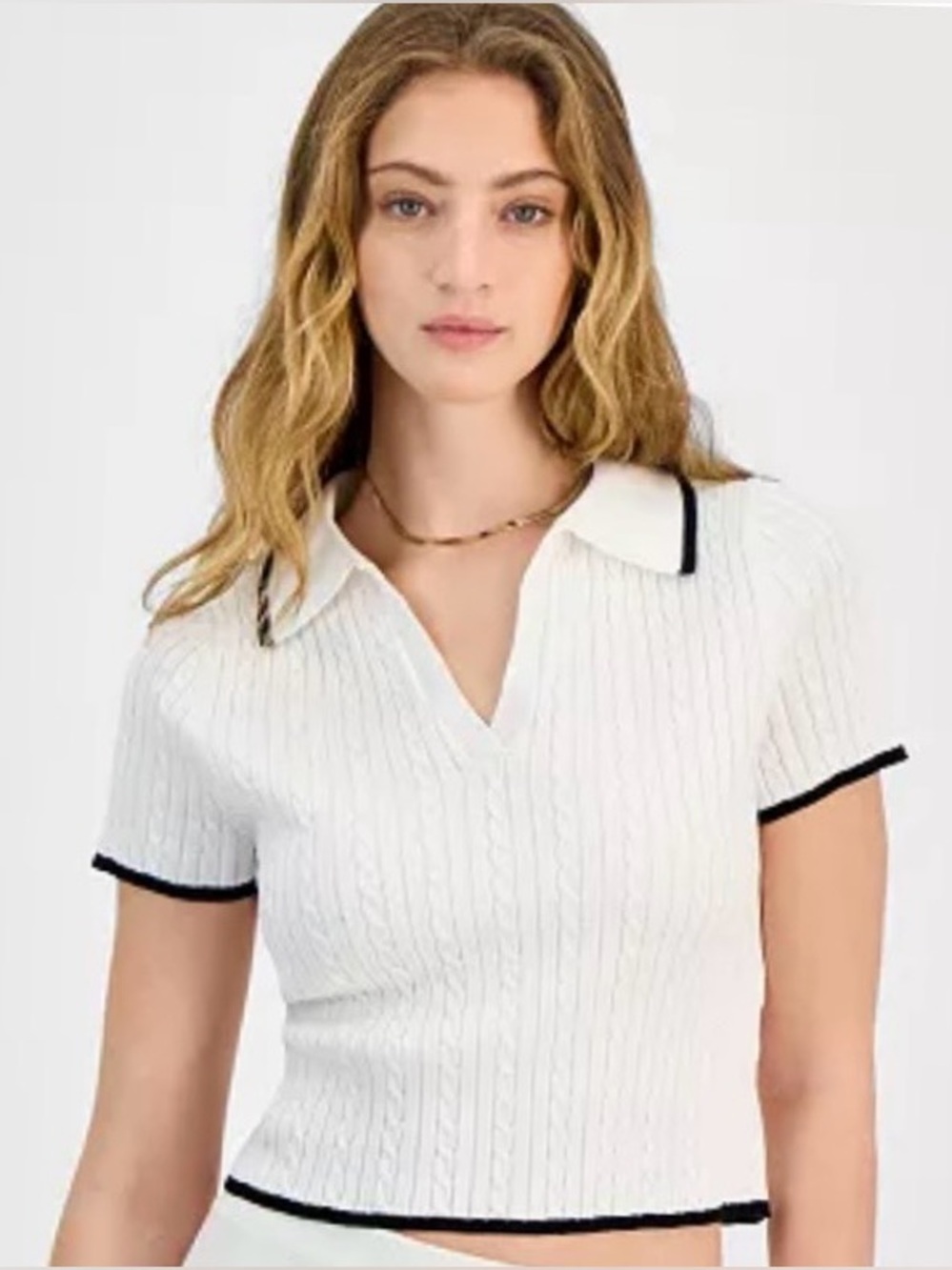 Cable Knit Short Sleeve Polo Top, White with Black Trim Tennis Prep, Size XS